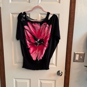 Isabella Rodriguez Black Top with Bold Pink Floral